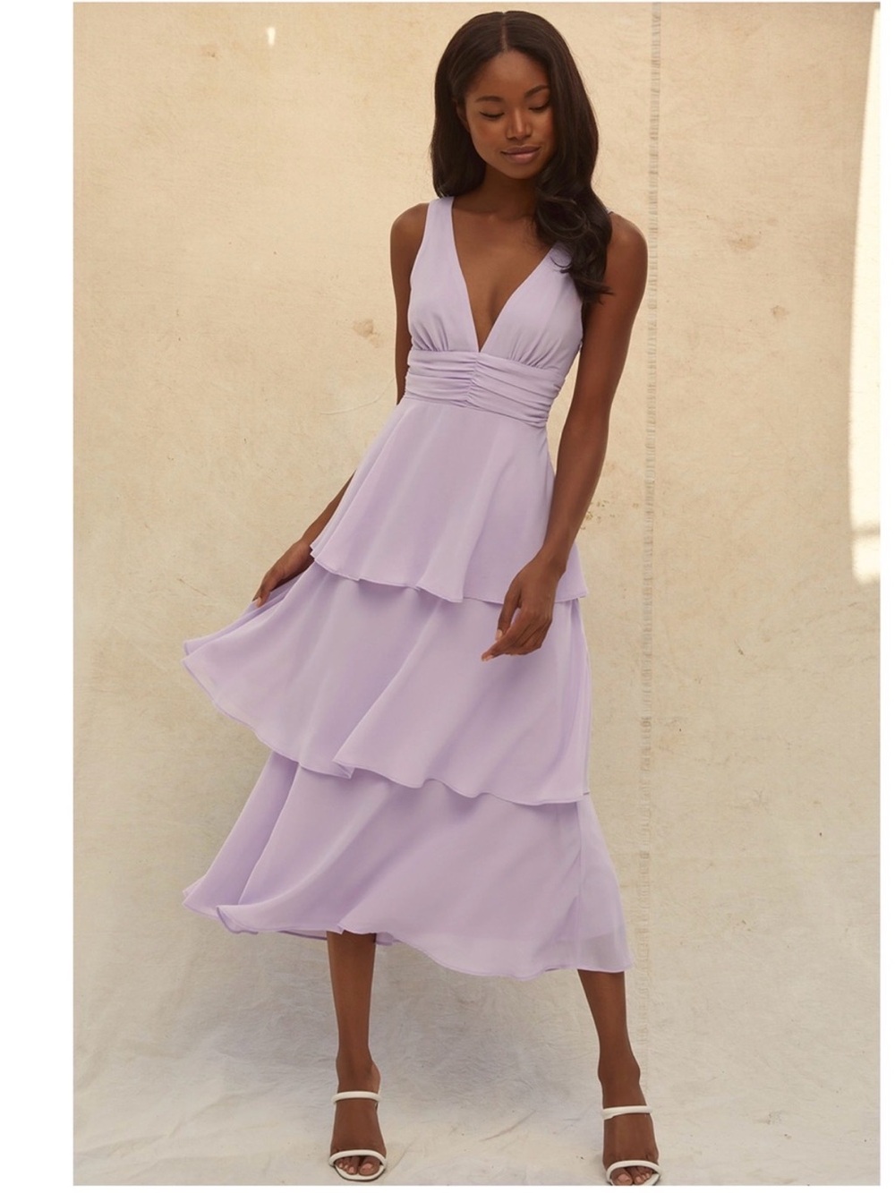 Lulu's “Celebration Time” Lavender Tiered V-Neck Midi Dress